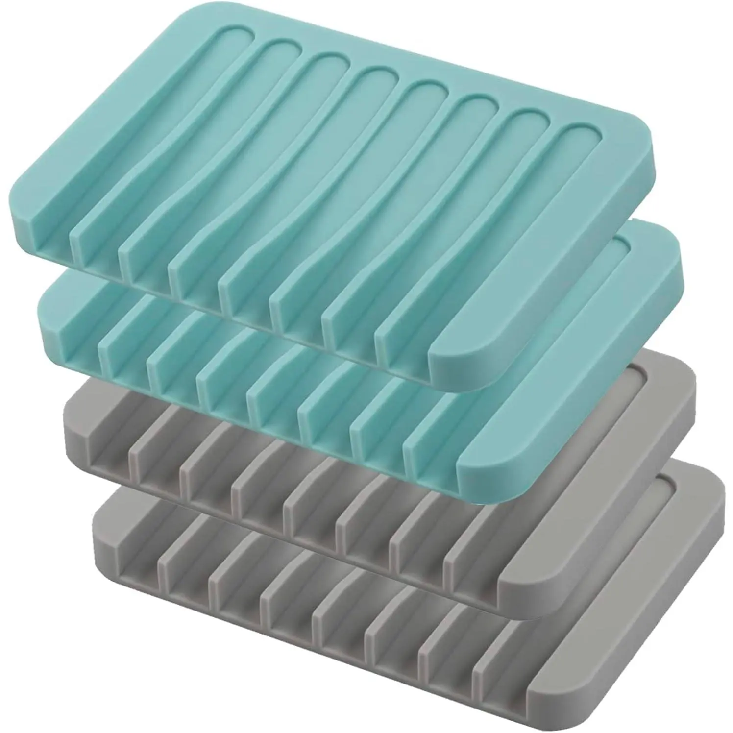 4 count Self Draining Soap Holder,   Soap Dish, Waterfall Drainer Soap Saver for Bathroom, Kitchen, Bath Tub, Extend Soap Life, Keep Soap Bars Dry Easy Clean (Grey & Teal)