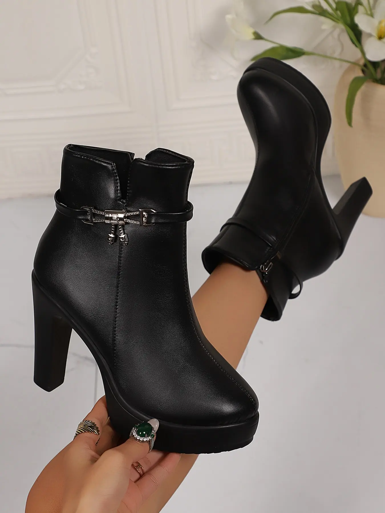 Women's Fashion Plain Waterproof Block Heel Above Ankle Boots, Metal Buckle Side Zipper Elegant High Heeled Short Boots, Office Formal Shoes