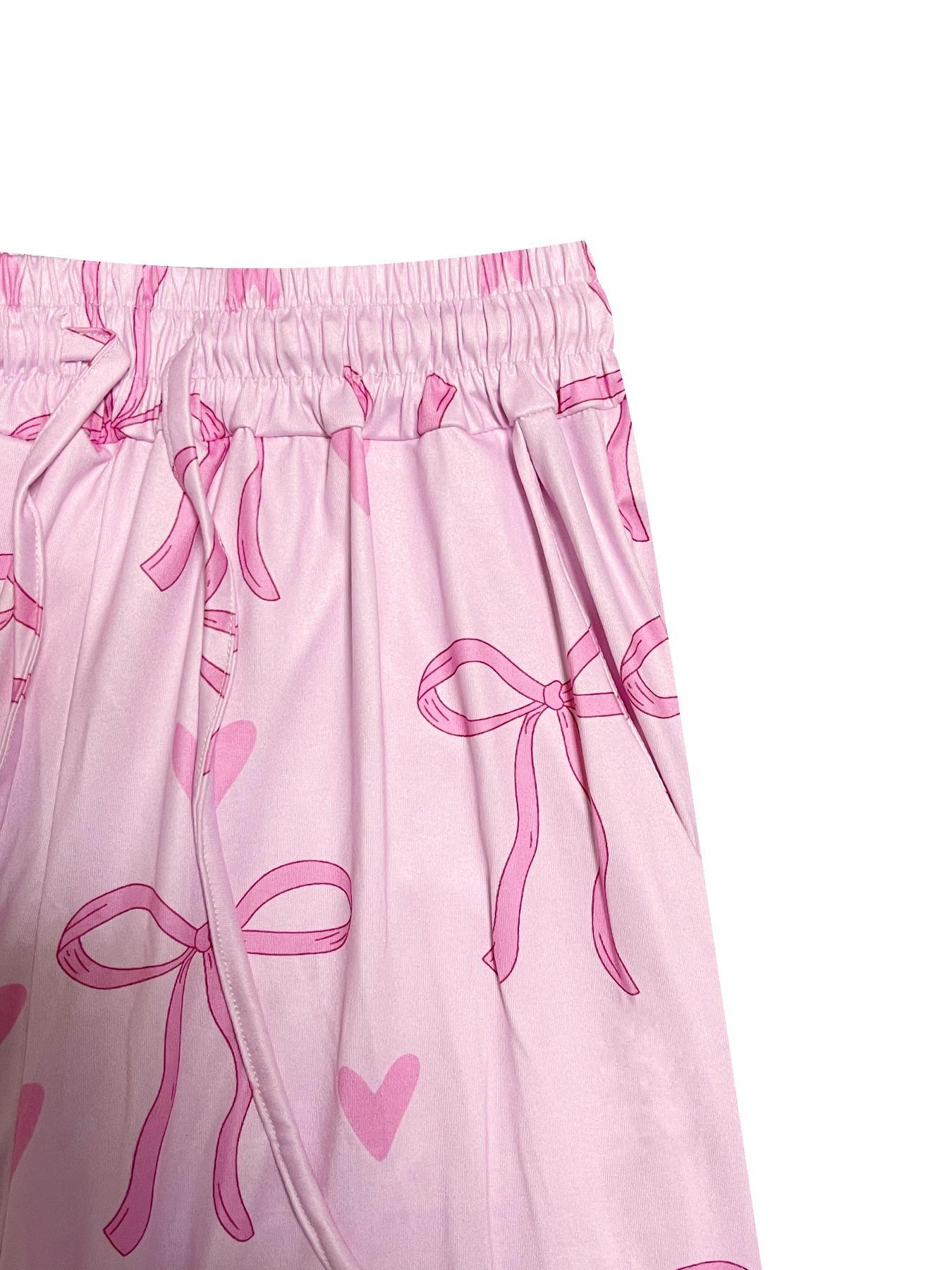 Women's Bow Print Tee & Pants Pyjama Two-piece Set, Casual Comfy Round Neck Short Sleeve T-shirt & Trousers Pj Set, Ladies Sleepwear for All Seasons, Loungewear, Pajamas, Nightwear Lounge Set