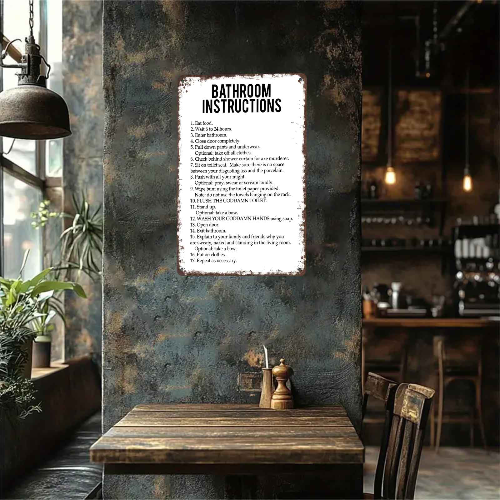 8x12 Inch Aluminum Metal Sign - Hilarious "Bathroom Instructions" Funny Toilet Wall Art |   Perfect for Home Bathroom, Guest Restroom, Man Cave, Bar, Dorm, and Apartment Decor |   Retro Rustic Tin Plaque, Easy to Hang, Great Gag Gift for Housewarming & Wh