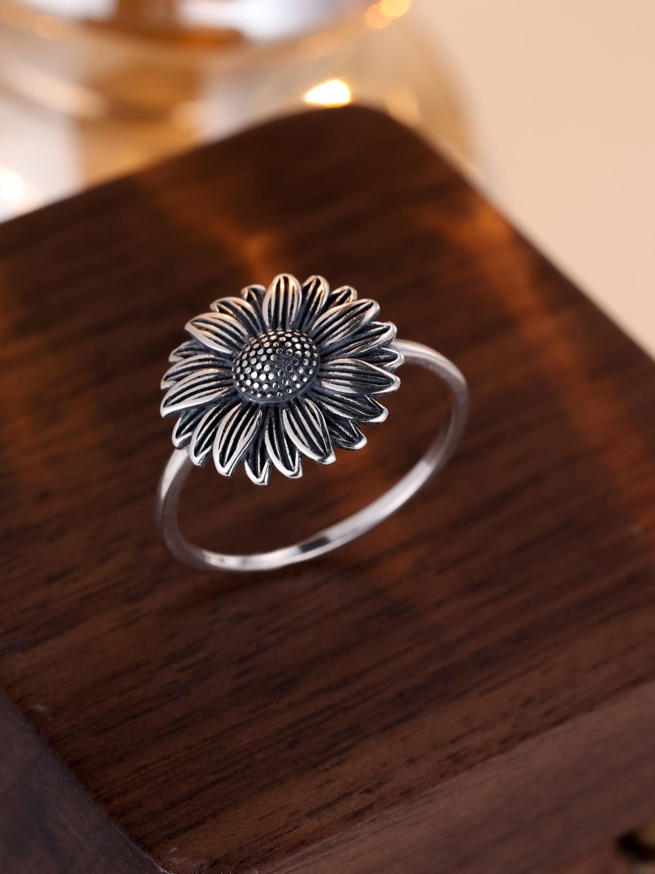 S925 Sterling Silver Sunflower Design Unique Rings, Elegant Everyday Ring, Fashion Accessories for Women & Men, Trendy All-match & Exquisite Jewelry for Birthday Gift, Girlfriend Gifts, Rings for Women, Trendy Fine Jewelry, Statement Rings
