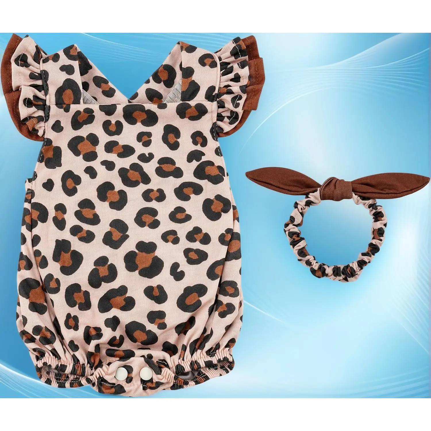 Reborn Baby Doll Clothes for 17- 22 Inch Dolls |   2-piece leopard pattern reborn baby doll clothes outfits for 17–22 inch dolls with 1 doll romper and 1 matching headband