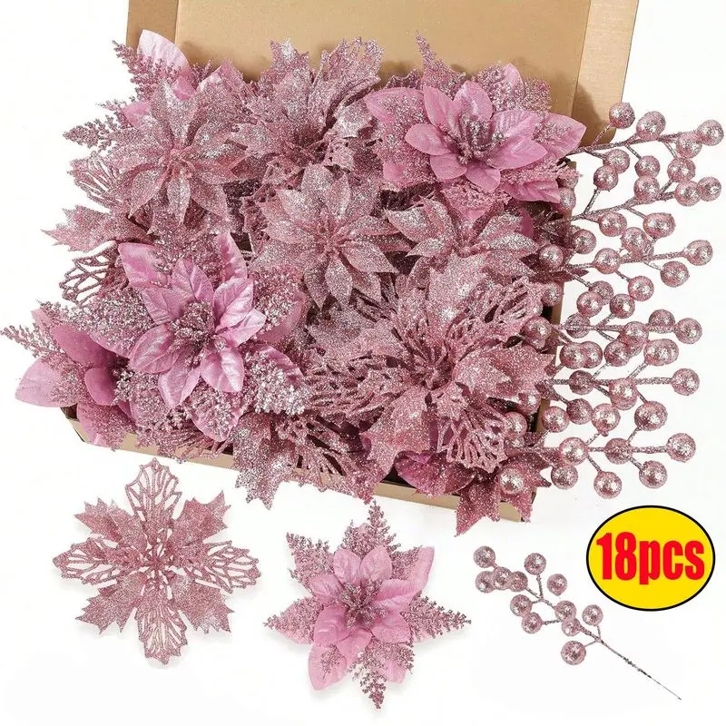 Pink Glitter Poinsettia Christmas Decorations for Tree and Holiday Floral Display, Shimmering Berry Branch Ornament Set for Winter Home Decor, Beautiful Festive Decoration for Wedding Party Fireplace Table Centerpiece and Christmas Gift for Her