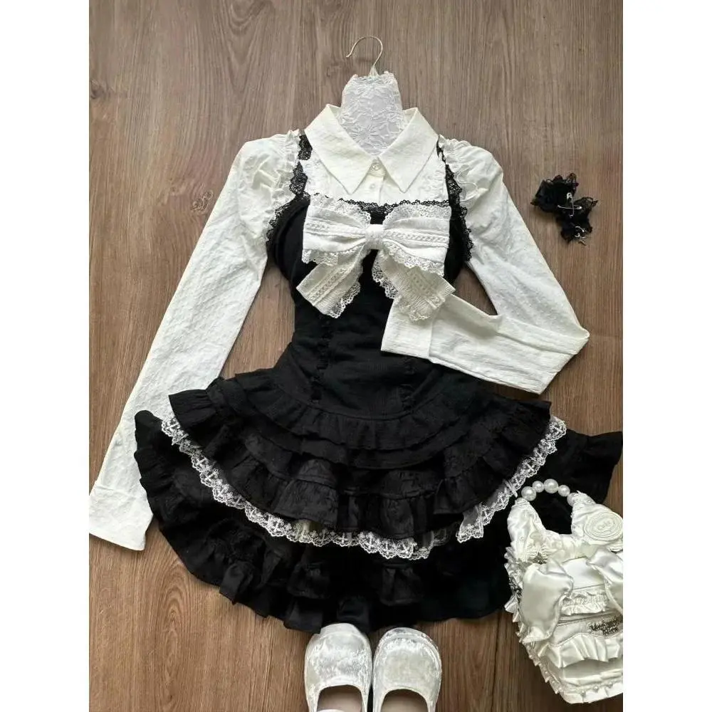 Autumn Korean Sweet Preppy Style Outfits Women Casual Bow Polo Shirt Tops + Slim Camisole + Cute Mini Cake Skirt 3 Piece Set New