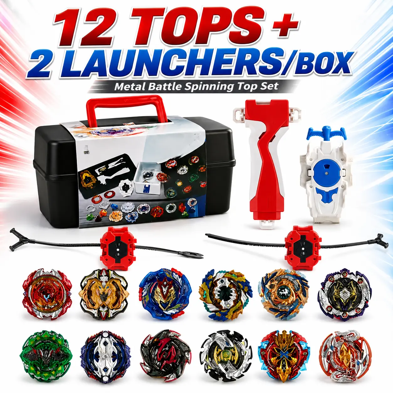 Alloy Spinning Battle Tops Set - 12 Unique Tops, 4 Launchers, Storage Box, Arena Game Toy, Drop-Proof Unisex Gift for Boys, Beyblade Collectors (Ages 6-8+) for 2-Player Home Battles, Holiday/Birthday Party Favor