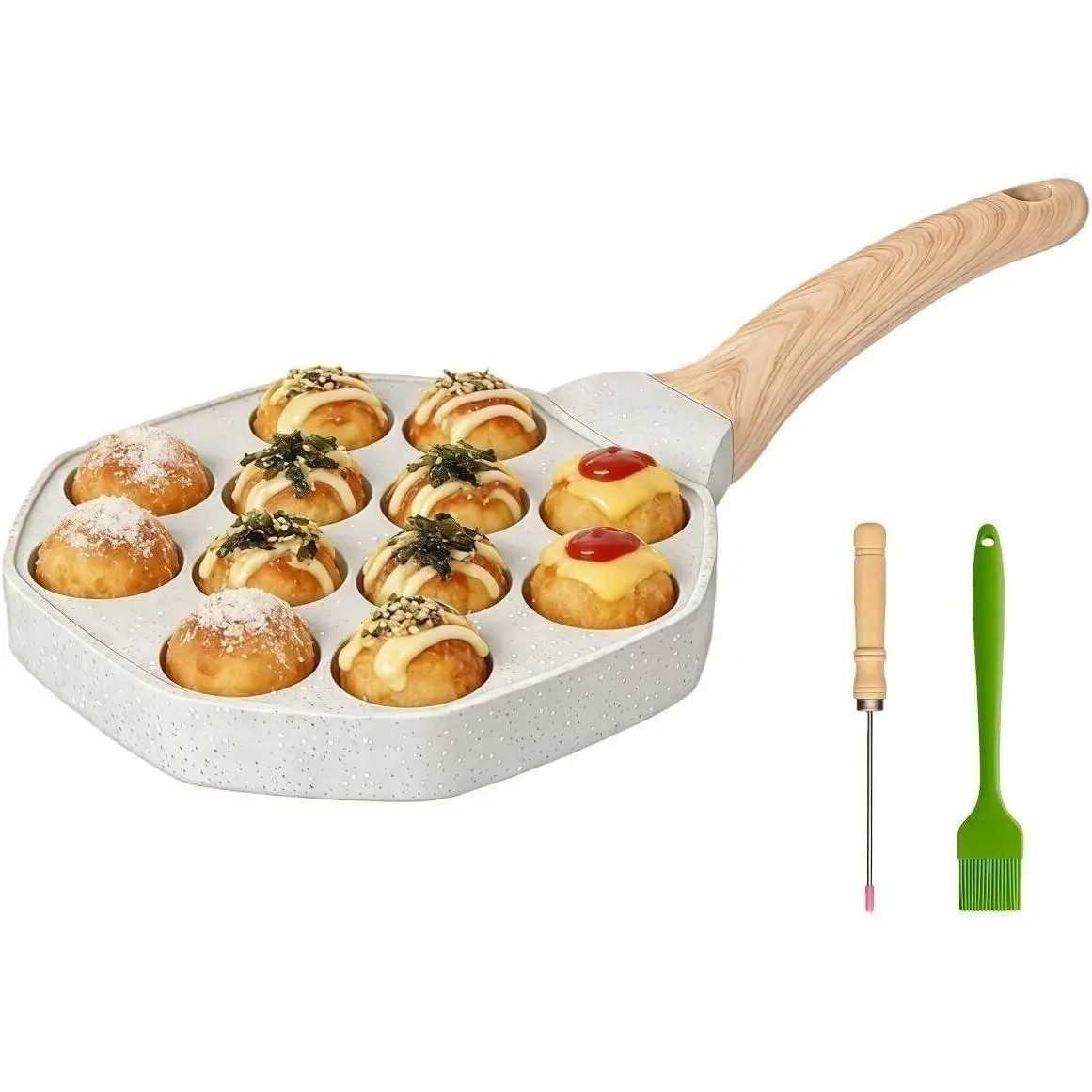 Nonstick 12 Hole Takoyaki Pan, Mini Aebleskiver Pancake Puff Pan with Pick & Brush