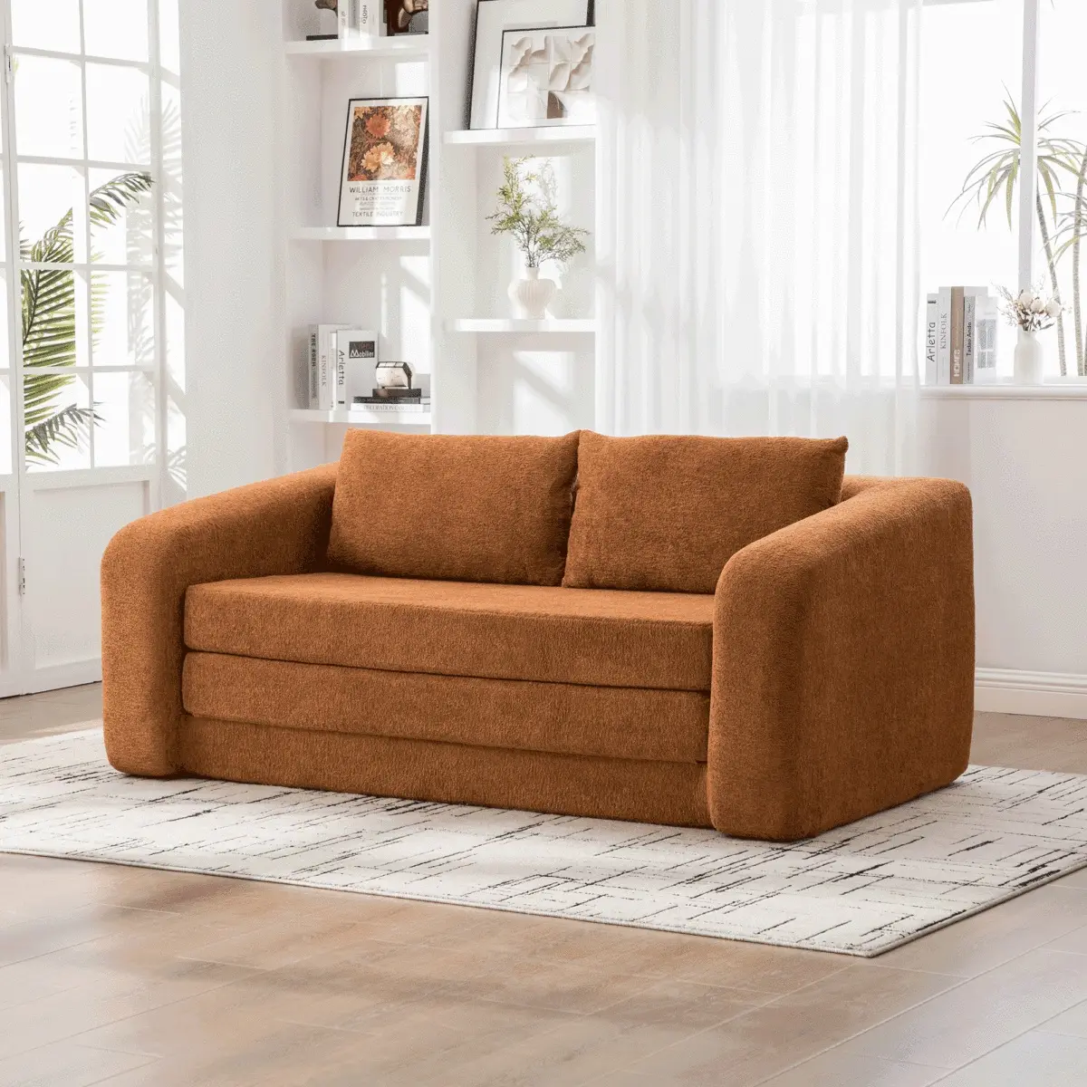 71" 2-in-1 Pull Out Loveseat Sofa Bed – Convertible Chenille Floor Sleeper Couch with Armrest & Backrest Pillows, Boneless Cloud Mattress Lounge for Living Room, Bedroom, Guest Room, Dorm, Orange
