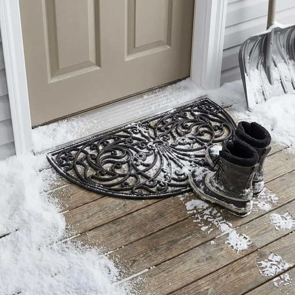 Rubber Scroll Doormat Half Moon Mat, Indoor Outdoor Entrance Mat, Low Clearance, Functional and Easy to Clean, Wrought Iron Scroll Design