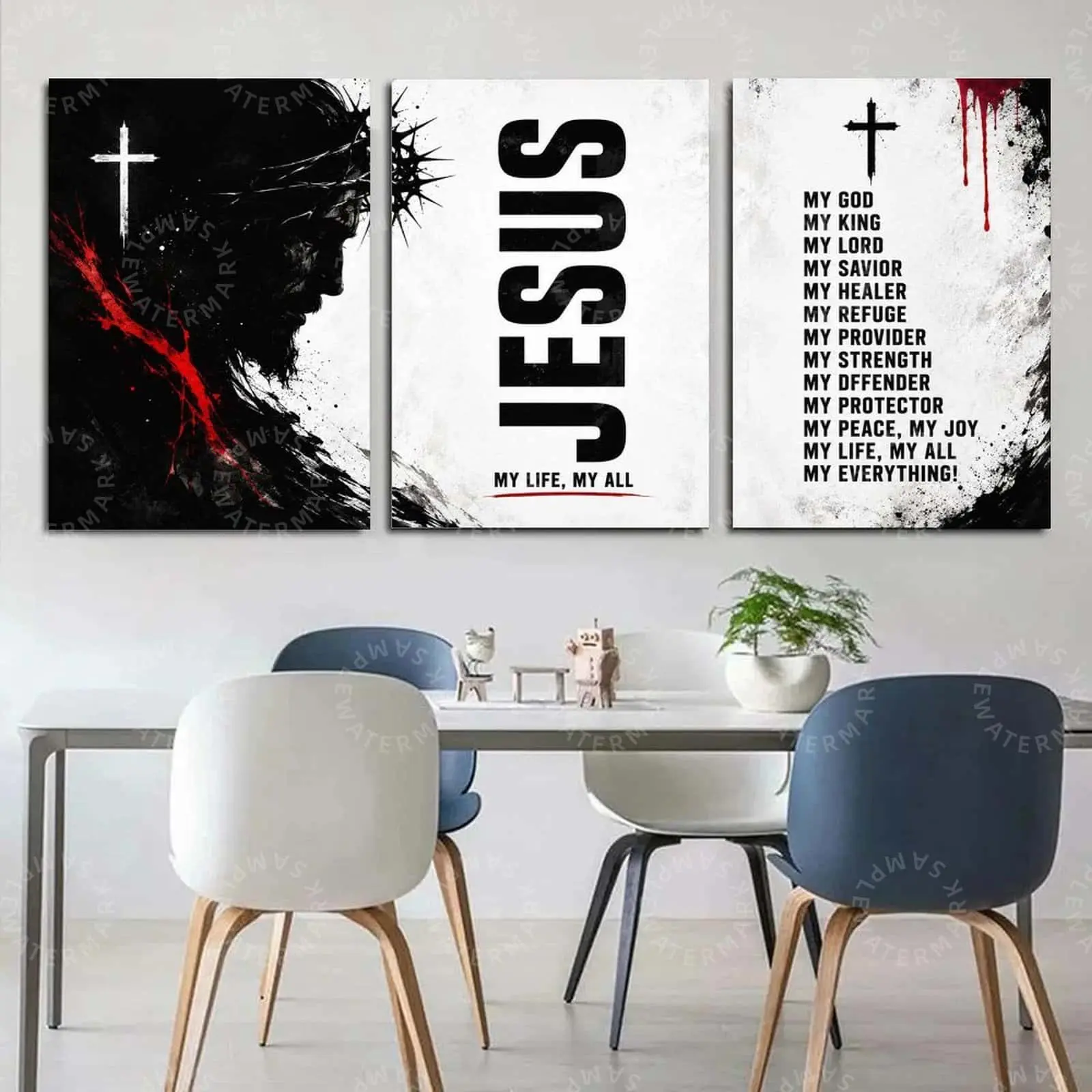 Christian Jesus Cross 3 Piece Wall Art, Black White Red Faith Canvas Poster Set, Inspirational Religious Decor for Living Room, Bedroom, Office, Prayer Room, Modern Aesthetic Gift