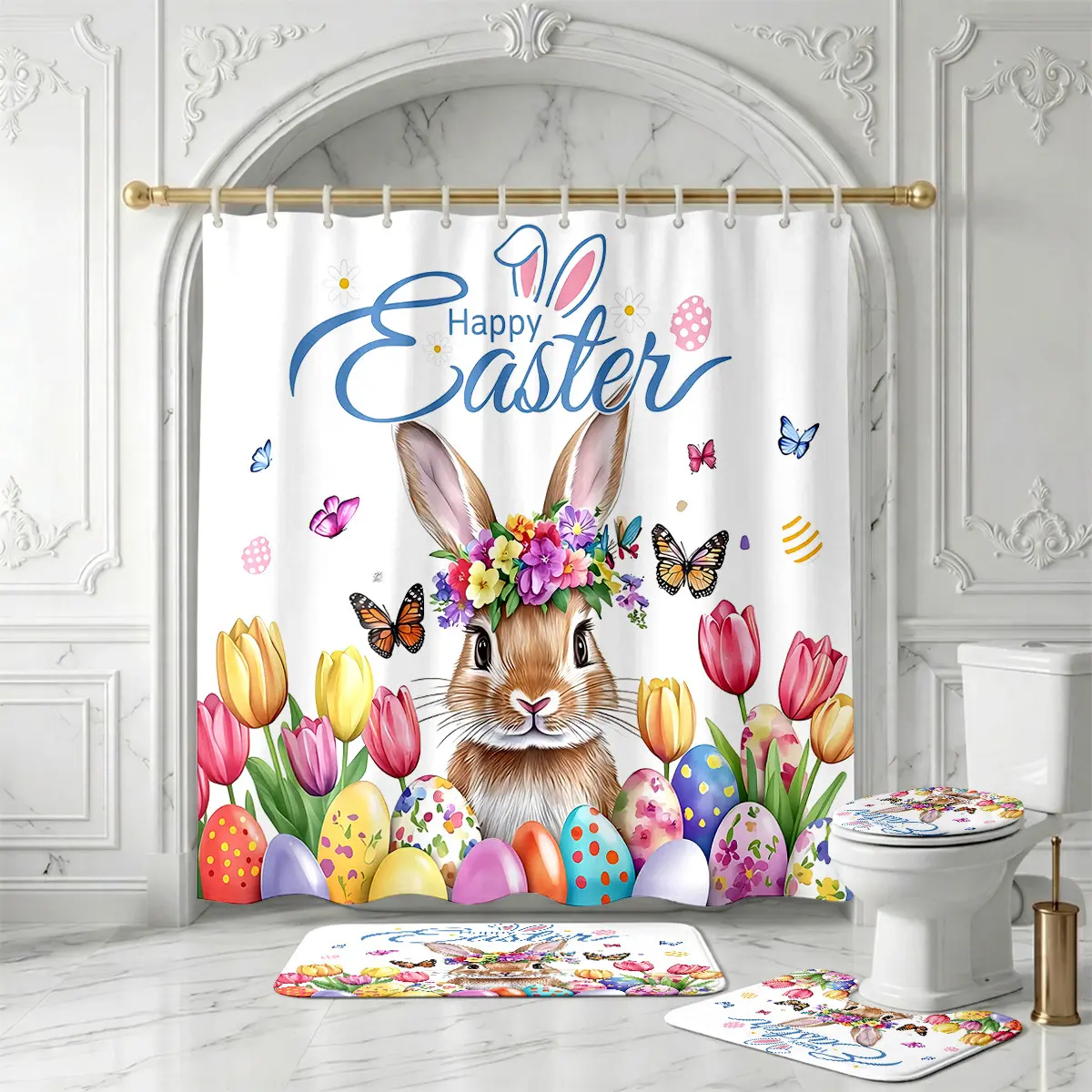 Happy Easter Shower Curtain Set – Bunny Rabbit Floral Crown Tulip Eggs Butterfly Spring Bathroom Decor for Egg Hunt, Sunday Brunch & Seasonal Celebration Vibes