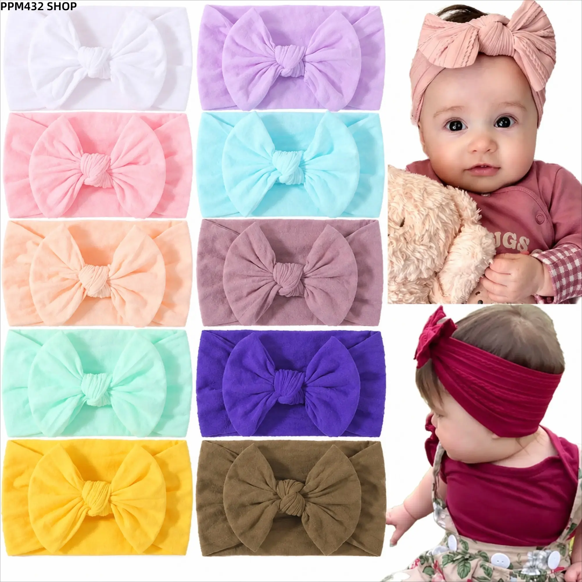 10Pcs Baby Bow Headbands, Soft Stretchy Nylon Hair Wraps for Newborns, Infants, Toddlers and Kids, Comfortable Fall Winter Hair Accessories for Daily Wear, Photos, Parties and Special Occasions