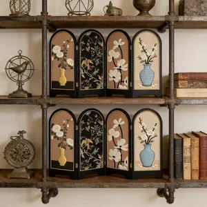 4 folding Chinese retro bamboo screen decoration, a variety of patterns to choose from, high-end elegant desktop partition, TV cabinet home office decorative art ornaments, creative foldable desktop partition small ornaments.