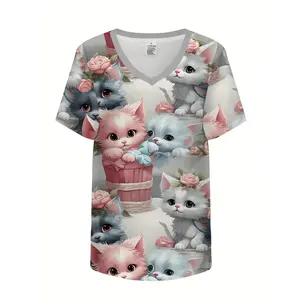 Cute Kitten Print V-neck Top, Comfortable and Practical Health Uniform, Women's Workwear