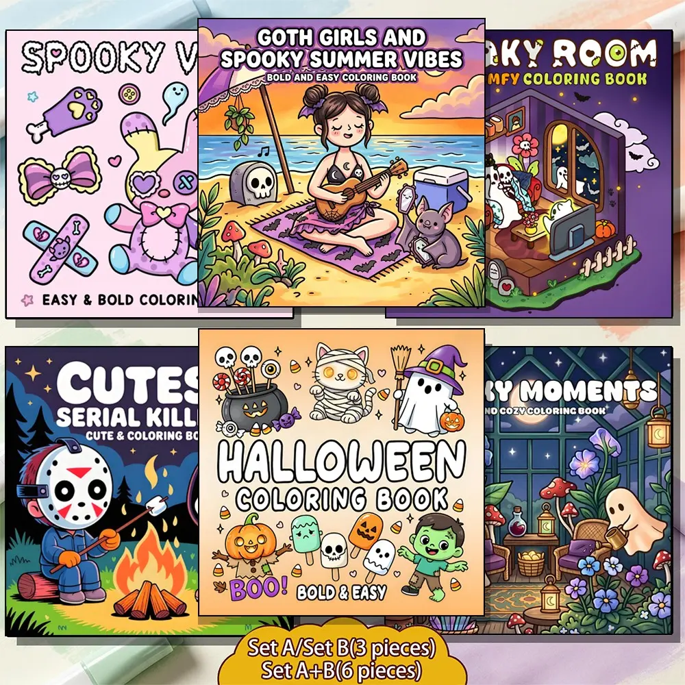 3/6 Pieces Cute Spooky Goth Aesthetic Coloring Book Bundle Set, Halloween Spooky Vibes Bold Easy Adult Coloring Books, Stress‑Relax DIY Handcraft, Whimsical Holiday Novelty Gift Set,Coloring book sets, back-to-school and holiday gifts