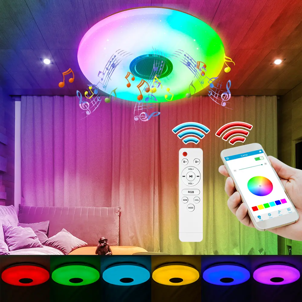 RGB LED Bluetooth Music Ceiling Lamp with Remote Memory Function 100-240V DSP Melody Player BT APP Control 256Colors Dimmable Smart Timer Switch Bedroom Living Room Eye Protection Energy Saving Decoration Lighting Festival Birthday Party Mood Night Light