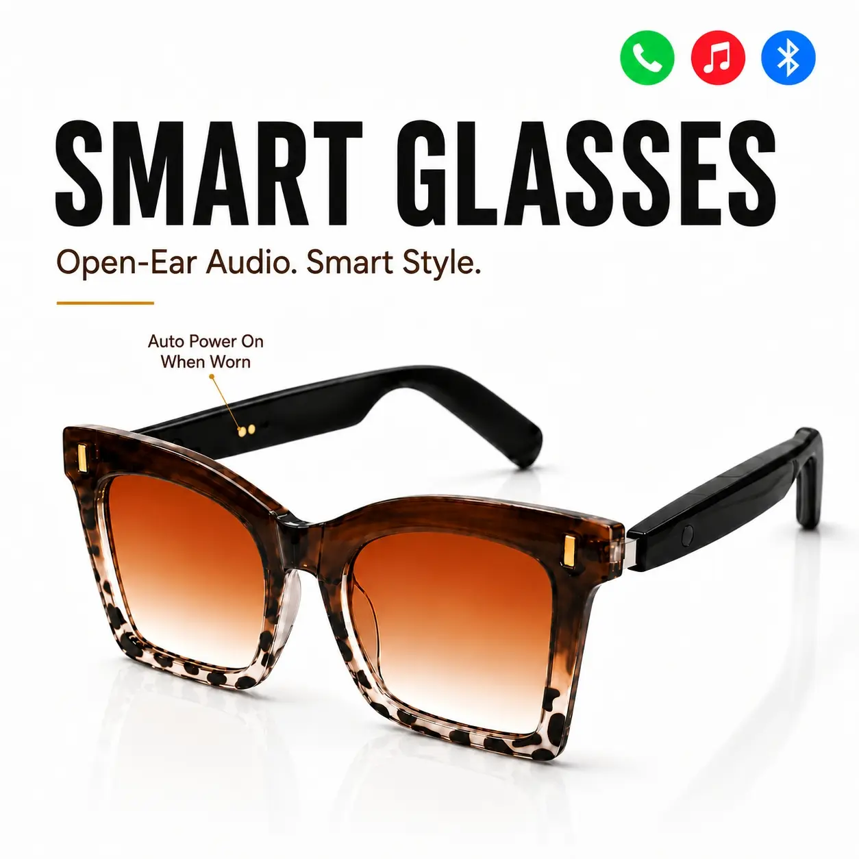 Smart Glasses for Men Women, Open-Ear Bluetooth Audio Sunglasses with Built in Mic, Hands-Free Calls, Voice Assistant and Remote Camera Control