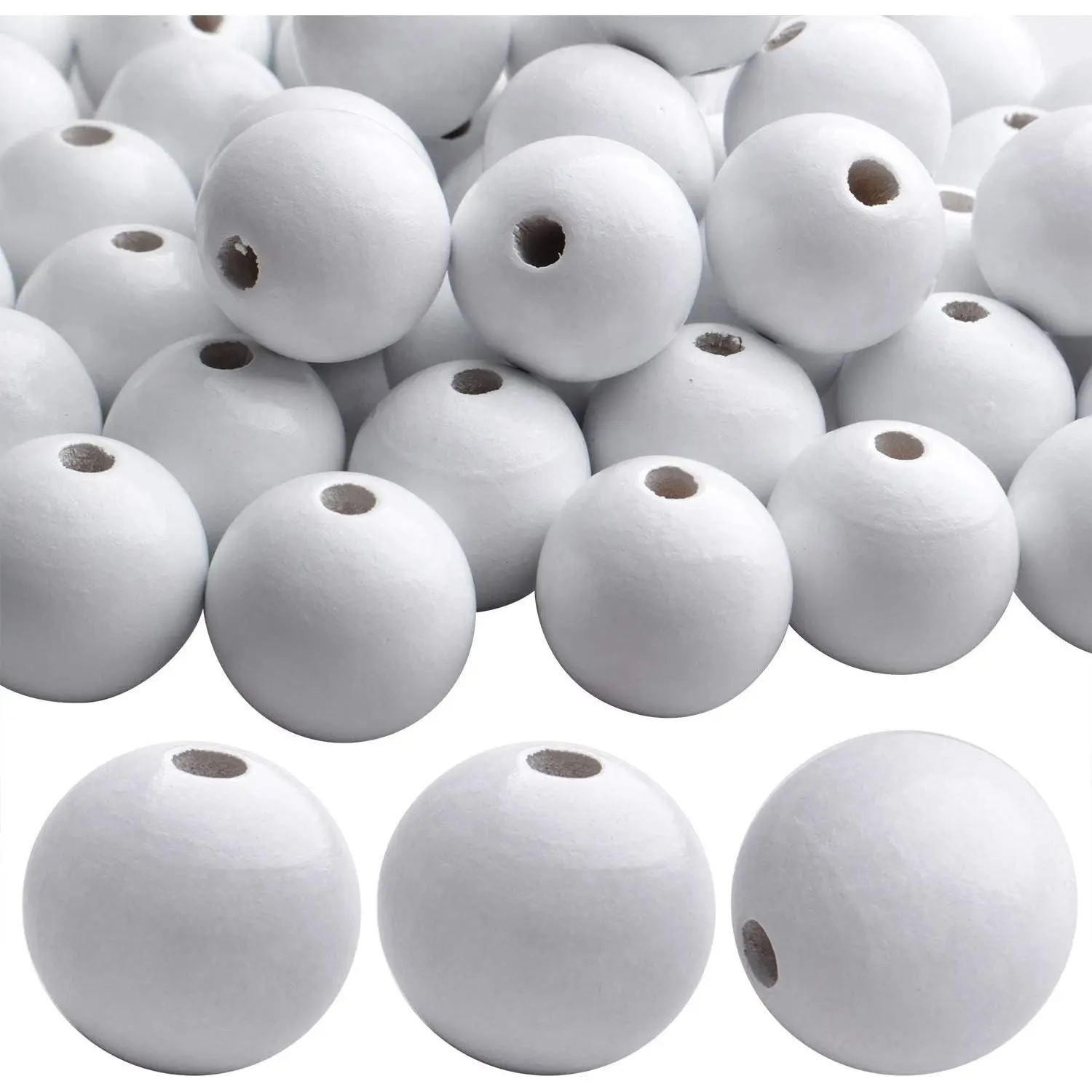 Round Wooden Beads, 50 pcs 25mm Natural Unfinished Wooden Spacers for DIY Crafts Jewelry Making, White, Hole: 5mm