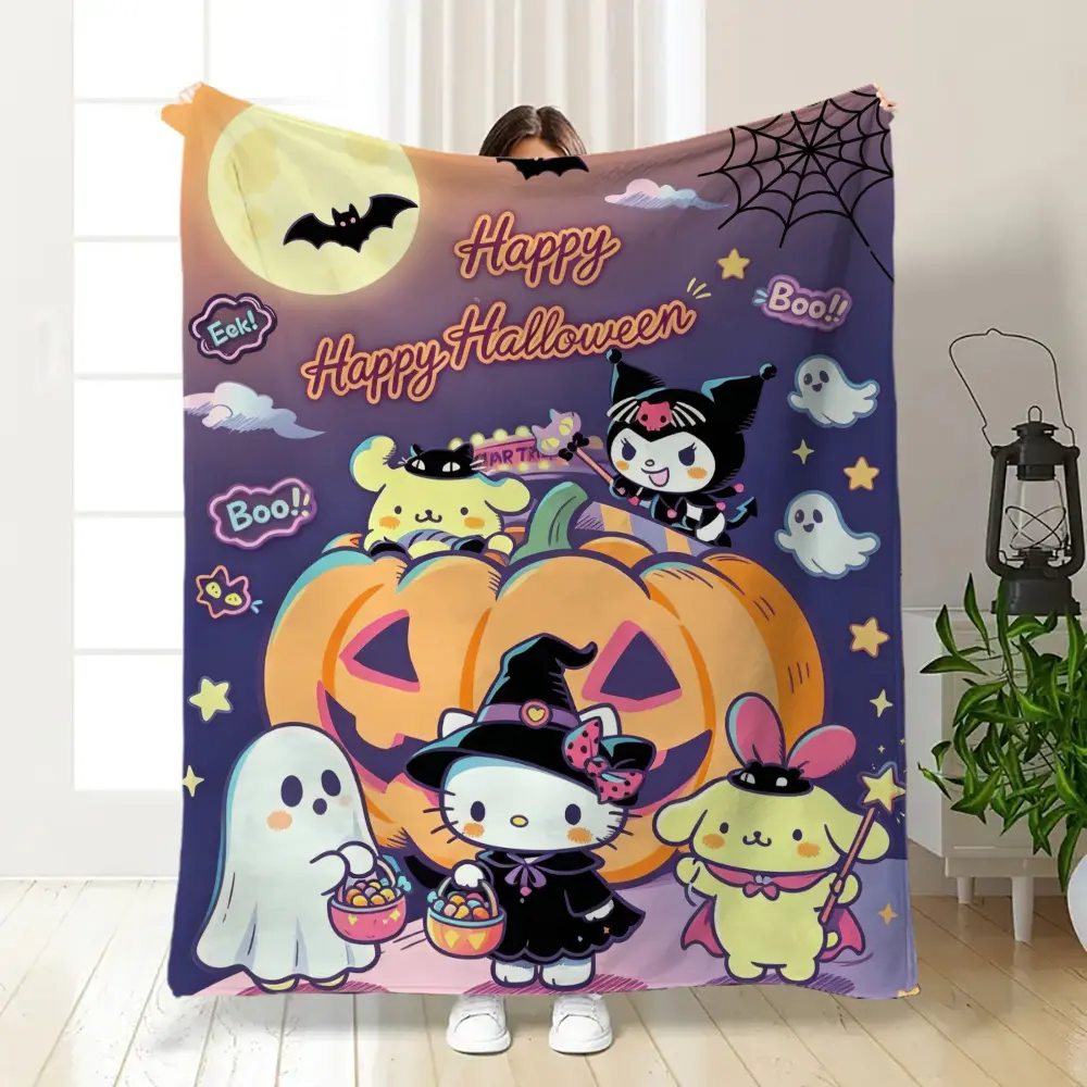 Sanrio Hello Kitty Kuromi Pompompurin My Melody Happy Halloween Flannel Throw Blanket Cute Kawaii Pumpkin Ghost Warm Blanket Gift Girls Kids