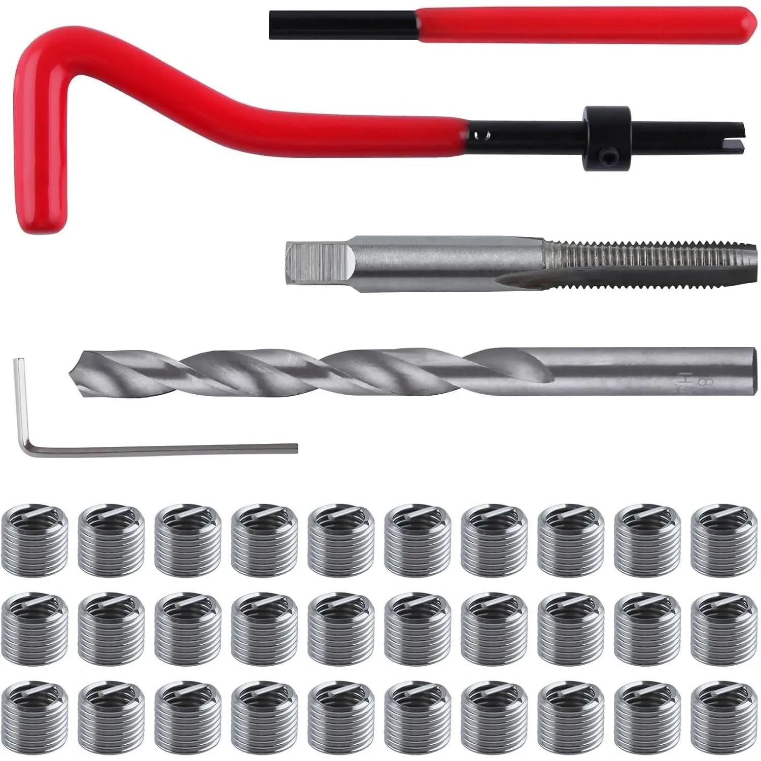 30 Piece M8x1.25 Helicoil Thread Repair Kit, Metric Helicoil Repair Kit with HSS Drill Bits Thread Inserts Taps Breakoff Installation Tools, Portable Rethreading Tool Kit for Auto Repairing
