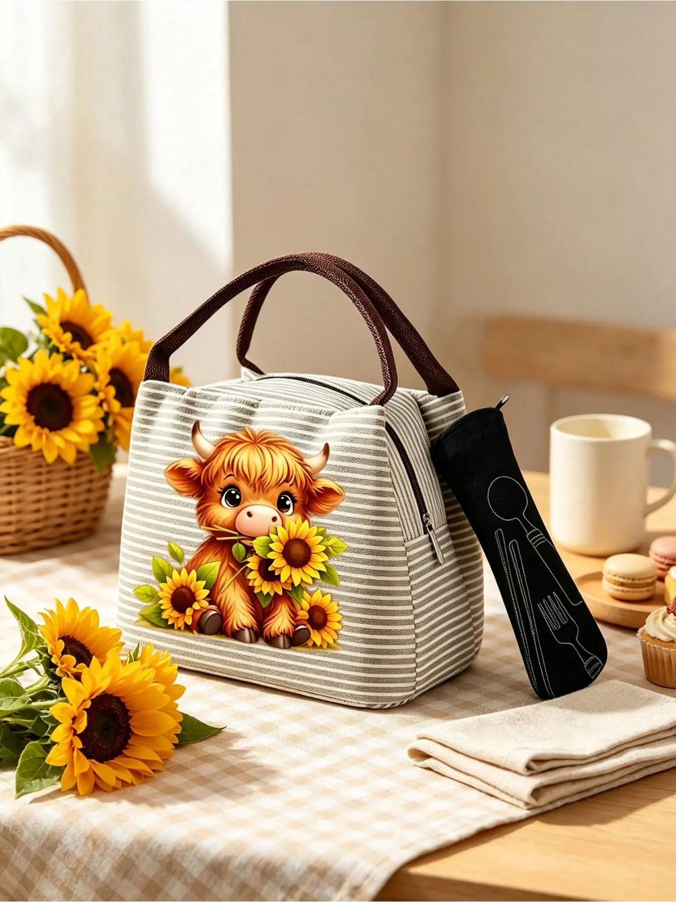 Sunflower Cow Print Insulated Lunch Bag with Black Cutlery Pouch, Large Capacity Reusable Thermal Cooler Tote, Portable Picnic Food Storage Bag for School Office Camping, Gift for Pet Lovers Men Women