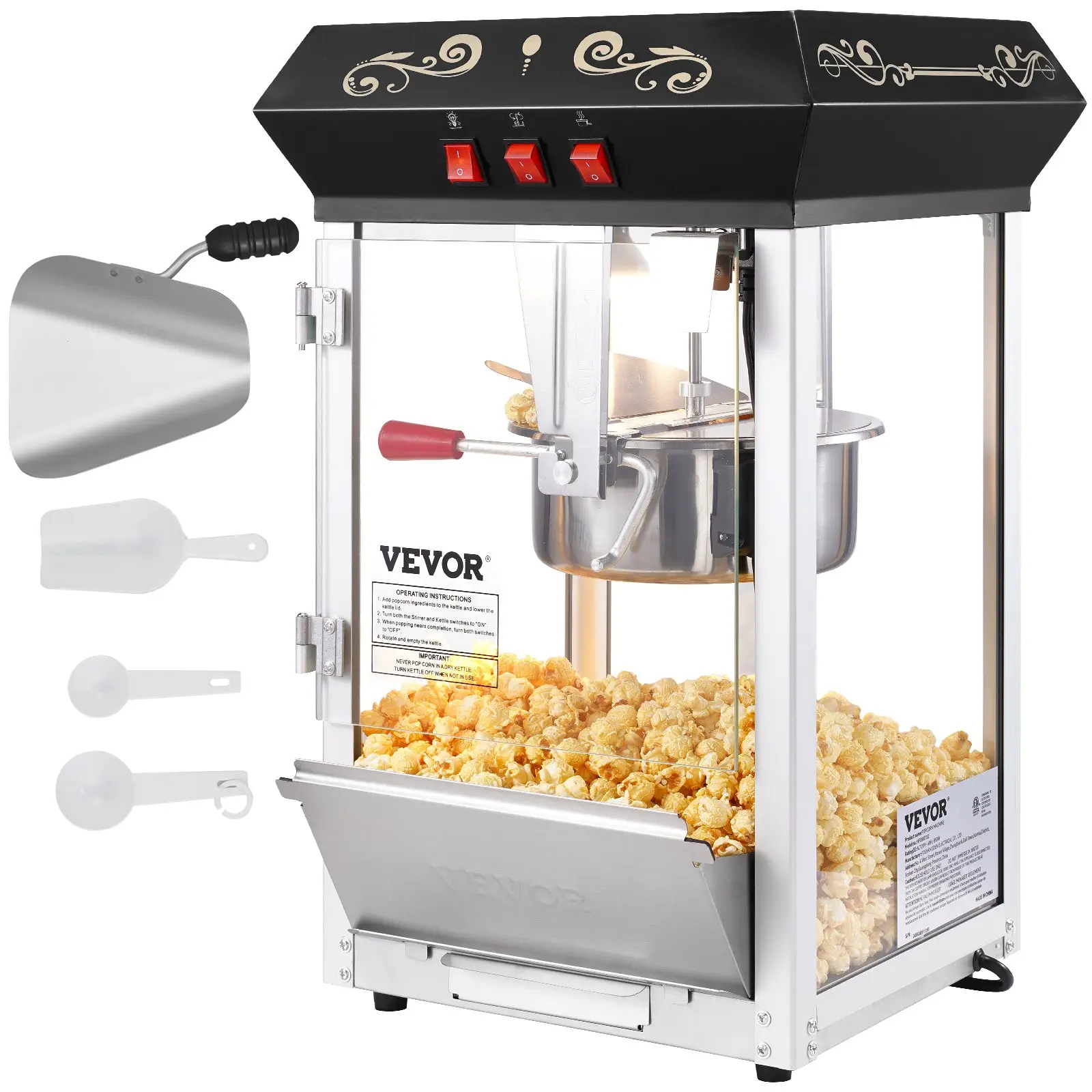 VEVOR Popcorn Maker, 850W Popcorn Popper Machine, 8 Oz Kettle Makes 48 Cups per Batch, Countertop Popcorn Maker with Tempered Glass, Includes 4 Scoops, Movie Theater Style, Black