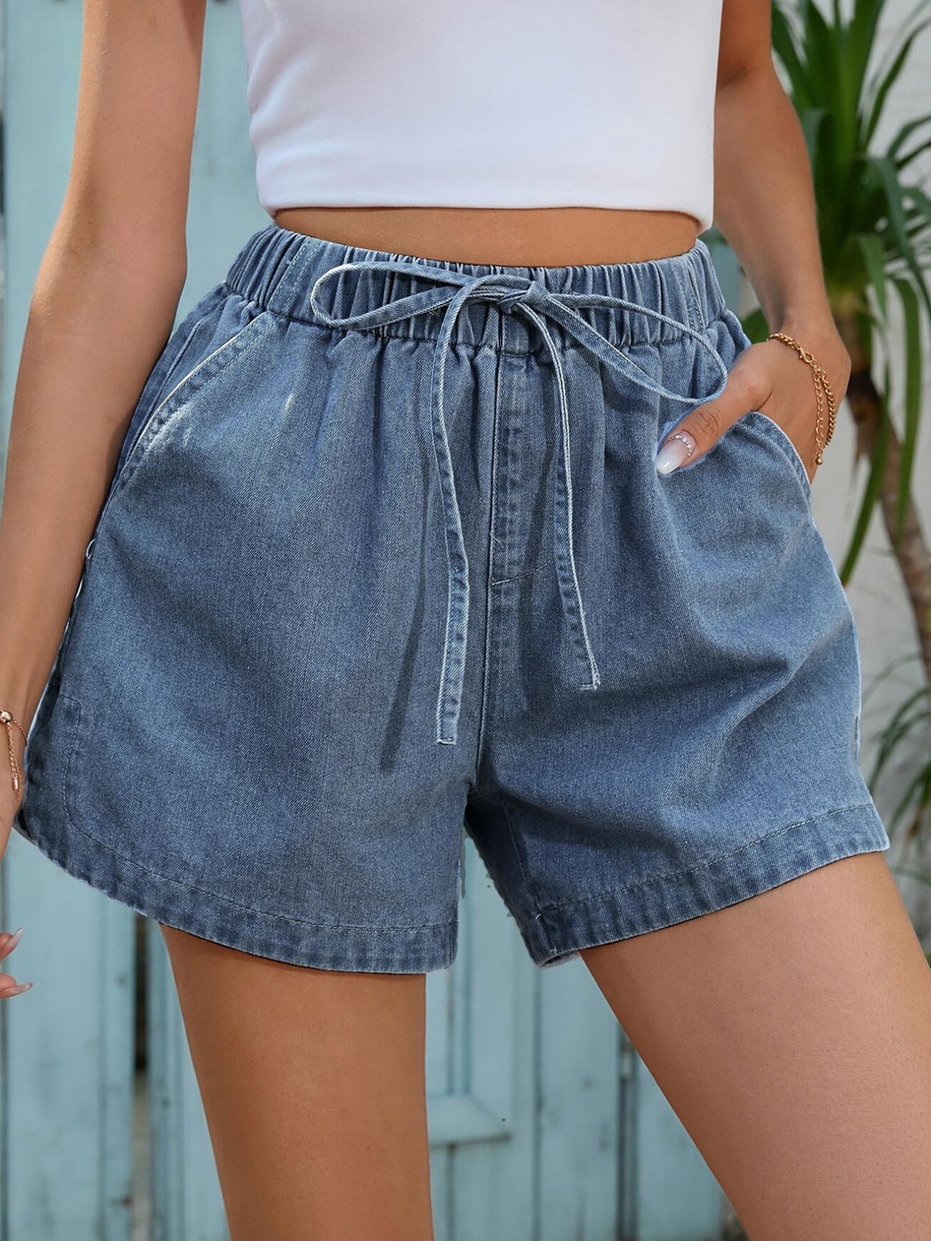 Women's Drawstring Waist Denim Shorts, Casual Comfy Denim Shorts for Summer, Fashion Women's Bottoms for Daily Wear, Cottage Core Shorts, Casual Boho Shorts