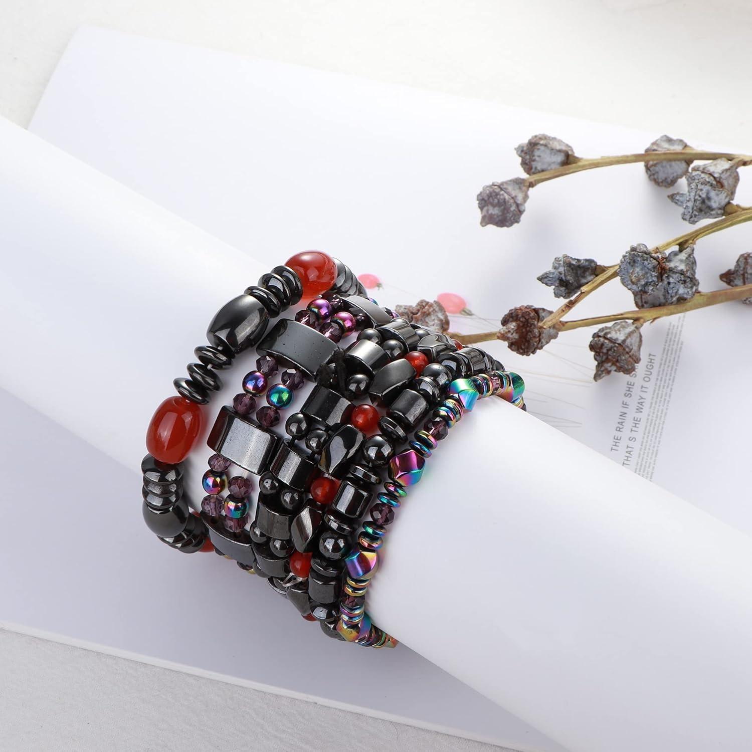 FINREZIO 6 Pcs Colorful Assorted Magnetic Hematite Bracelets Set for Men Women Healing Magnetic Stone Beaded Bracelets Trendy Fashion Jewelry Set Ideal Gift for Father's Day Birthday Holiday