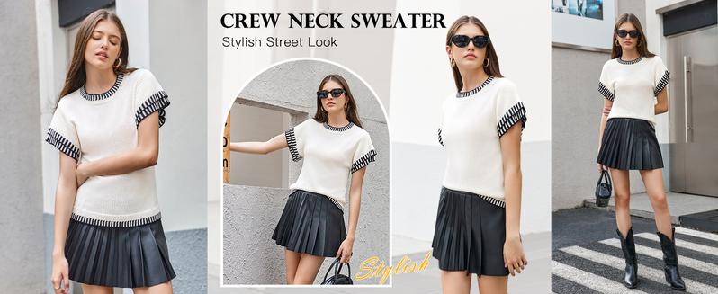 Saodimallsu Womens Short Sleeve Sweaters Tops Summer Ruffle Striped Loose Crew Neck Lightweight Soft Shirts Knit Sweater