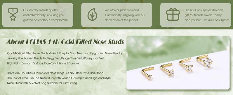 LOLIAS 14K Gold Filled Nose Studs 316L Surgical Steel Gold Nose Rings Studs 6A CZ Simulated Diamond Corkscrew L Shaped Nose Piercing Hypoallergenic Nose Rings for Women Men 20G