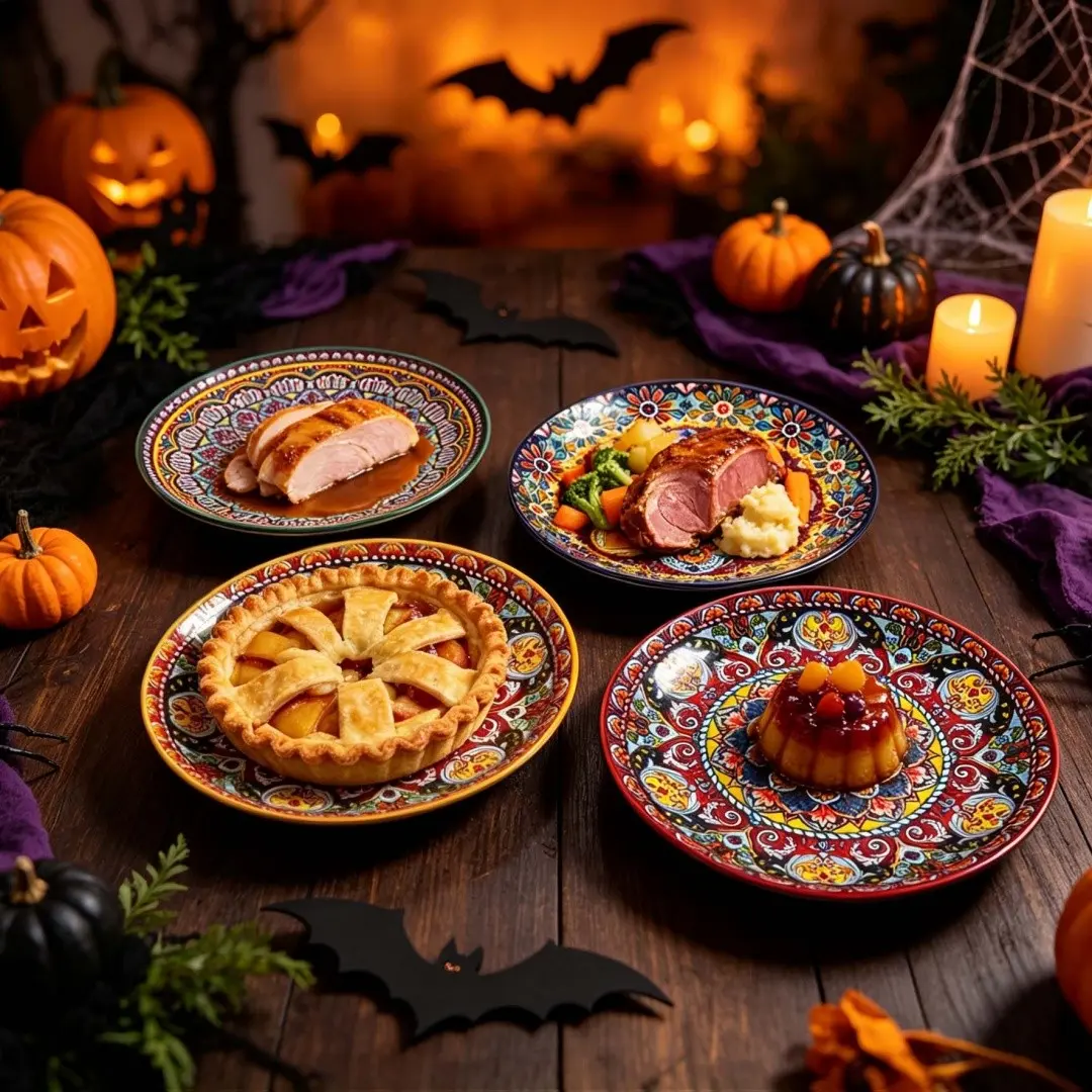 3pcs Boho Ceramic Plates, 10.4inch Shallow Dish, Hand-Painted High-Temp Glaze, Microwave Safe, Kitchenware for Parties
