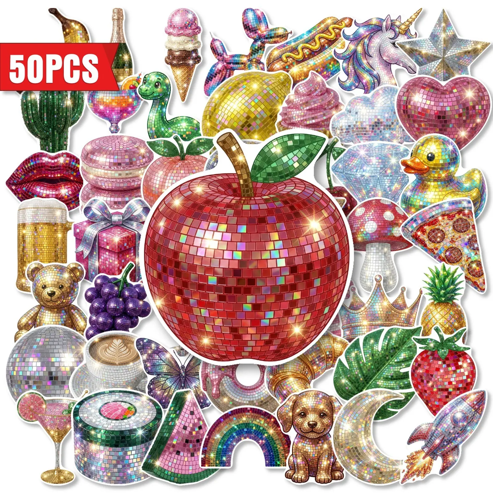 50 Sheets DIY Gold Glitter Stickers, Waterproof PP Stickers for Phone Cases, Cups, Laptops, Party Gifts, Home Decor, Halloween, Christmas, New Year