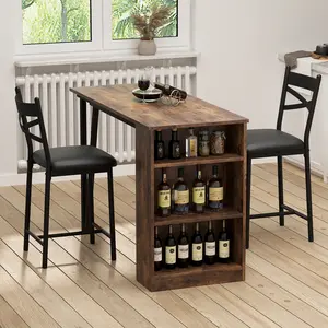 Modern 3-Piece Bar Table and Chairs Set 3-Tier Storage Bar Table, Extendable Flip Top Counter Dining Set with Storage Shelves, Padded Stools for 2, Small Space Kitchen Apartment Furniture