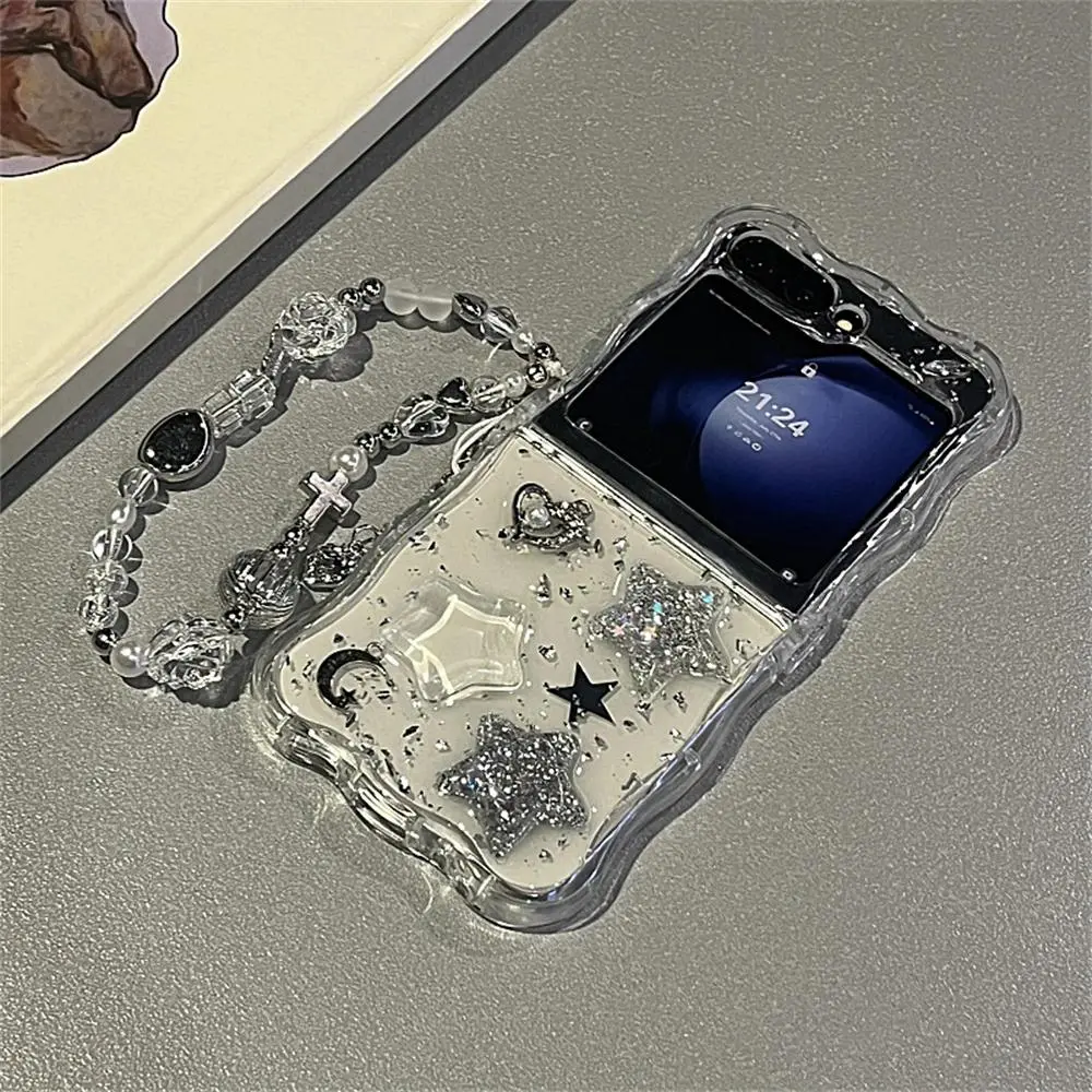 Korean 3D Glitter Star Clear Phone Case For Samsung Galaxy Flip 7/6 Flip5 Flip4 Flip3 Epoxy Cover Wavy Border Protective Cover
