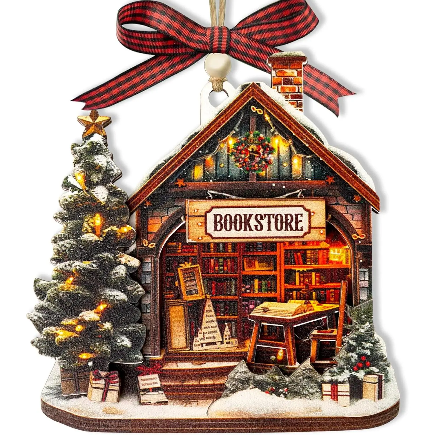 Bookstore Christmas Ornament,  Layered Wooden Book Ornaments Holiday Decor, Cozy Bookshop Tree Ornament, Gifts for Book Lovers, Librarians, Teachers, Reading Nook Decorations
