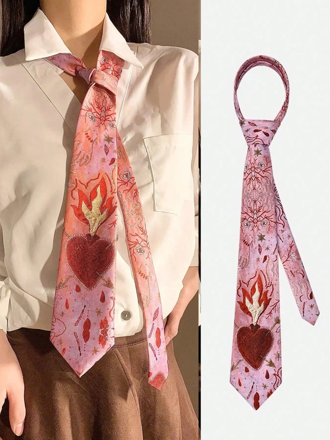 1pc Y2K Flame Heart Necktie, Red Heart & Cherry Blossom Graphic Tie, Harajuku Streetwear Fashion Accessory for Festivals, Parties & Daily Wear