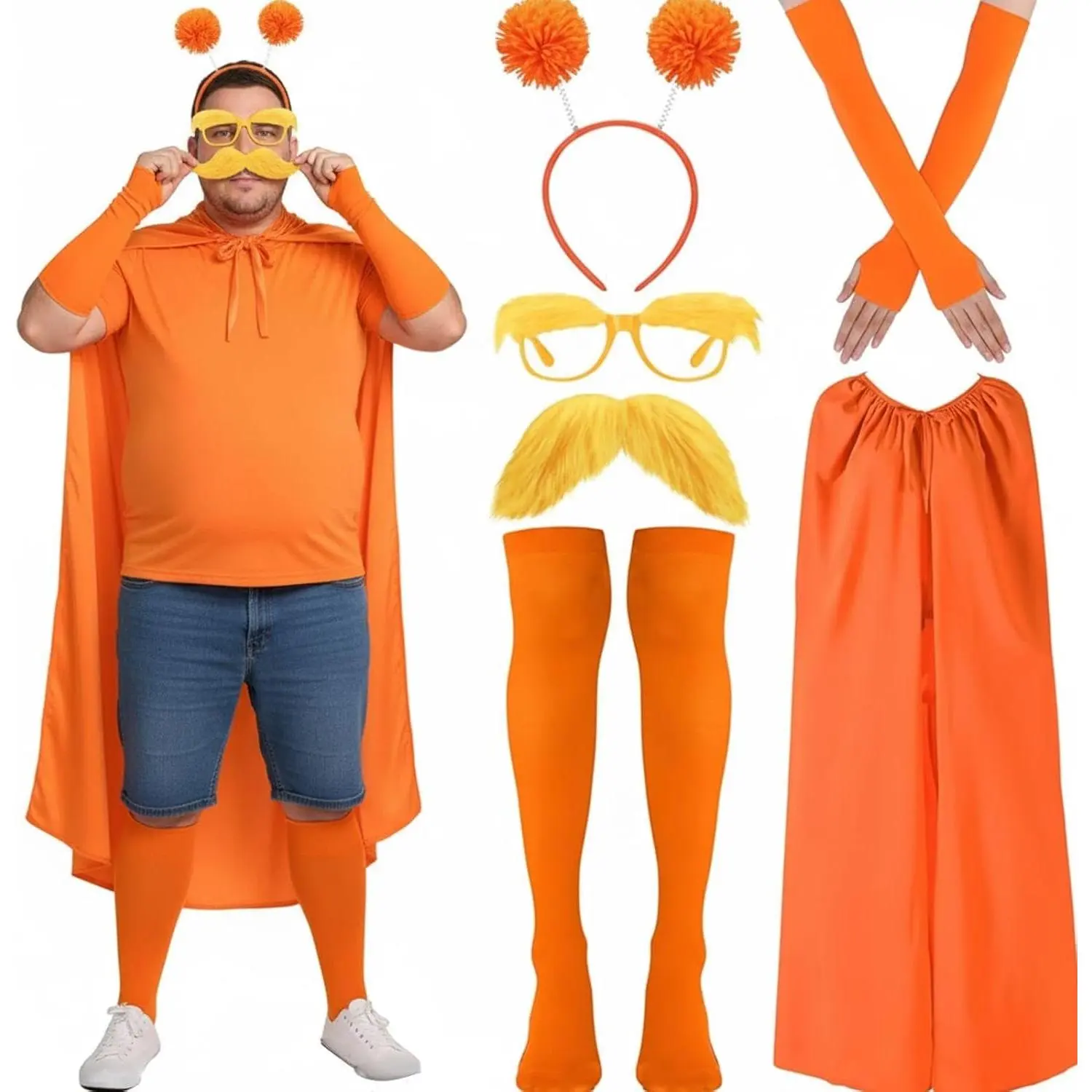 6 count Orange Costume Set Book Character Costume Character Dress up Novelty Yellow Mustache and Eyebrows Glasses Orange Cape Spirit Week Style Wear Stockings Gloves Headband