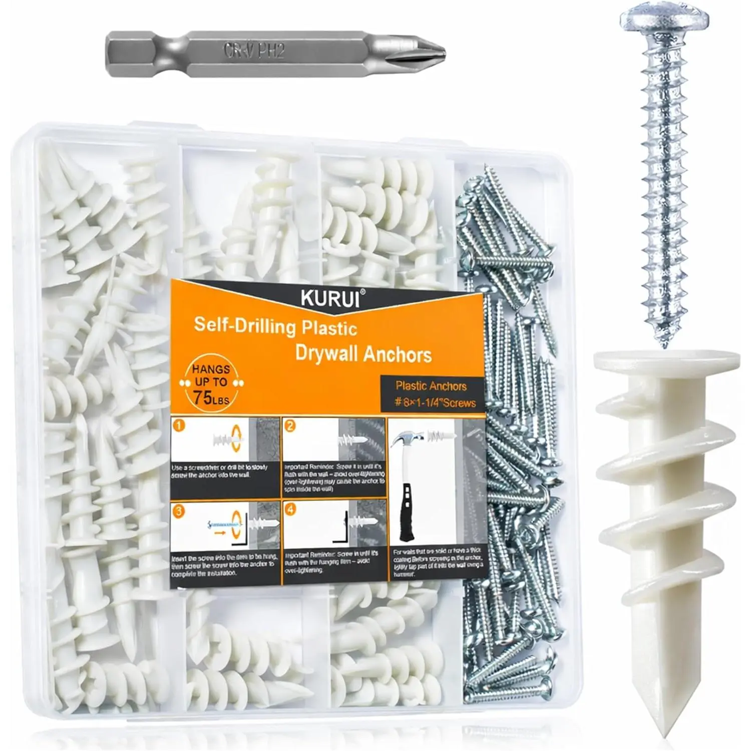 140Pcs # 8 Self Drilling Drywall Anchors with Screws Kit, Heavy Duty Dry Wall Anchors for Hanging Sheetrock, 50 Self-Tapping Plastic Drywall Hangers 50 Sheet Rock Screws, Mounting Hardware -75LB