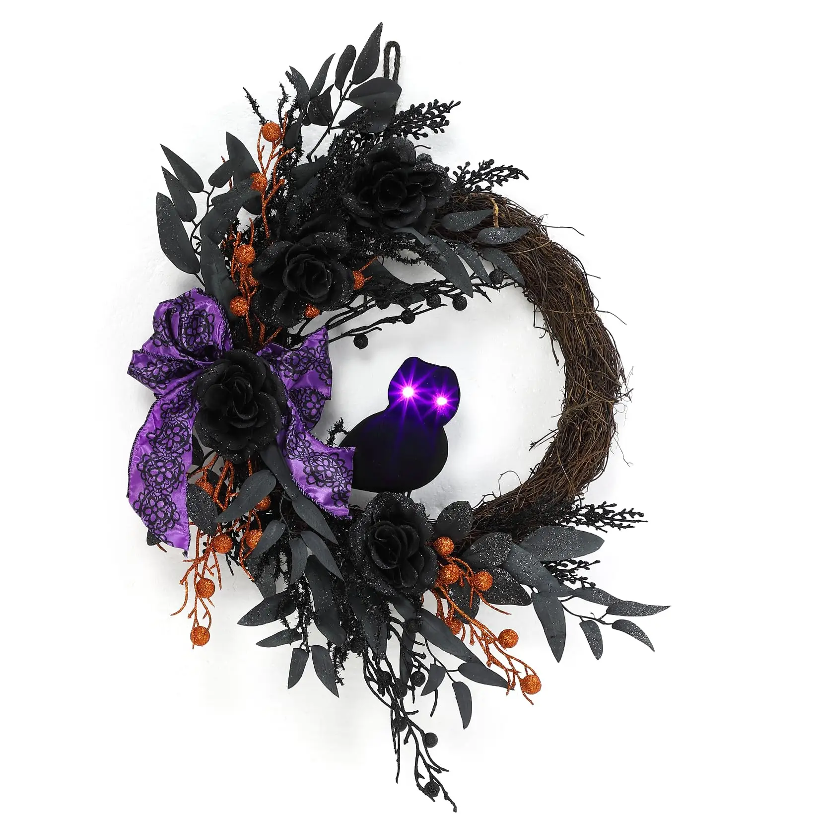 Garvee Halloween Wreaths for Front Door22 Inch Black Outdoor Halloween Wreath with Lighted Owl Decorations for Door Porch Wall Outdoor Indoor Party Home Decor
