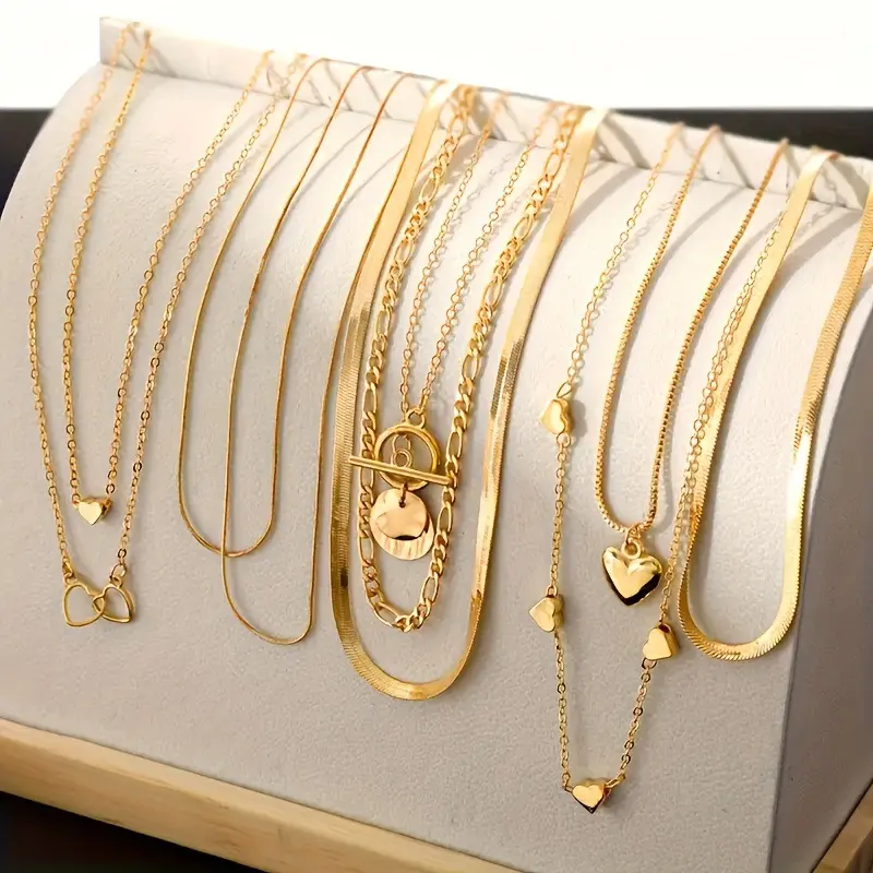 10-Piece Boho Stackable Necklace Set for Women, Dainty Golden Zinc Alloy Layers with Snake Chain & Heart Pendants, Casual Daily, Dainty Look