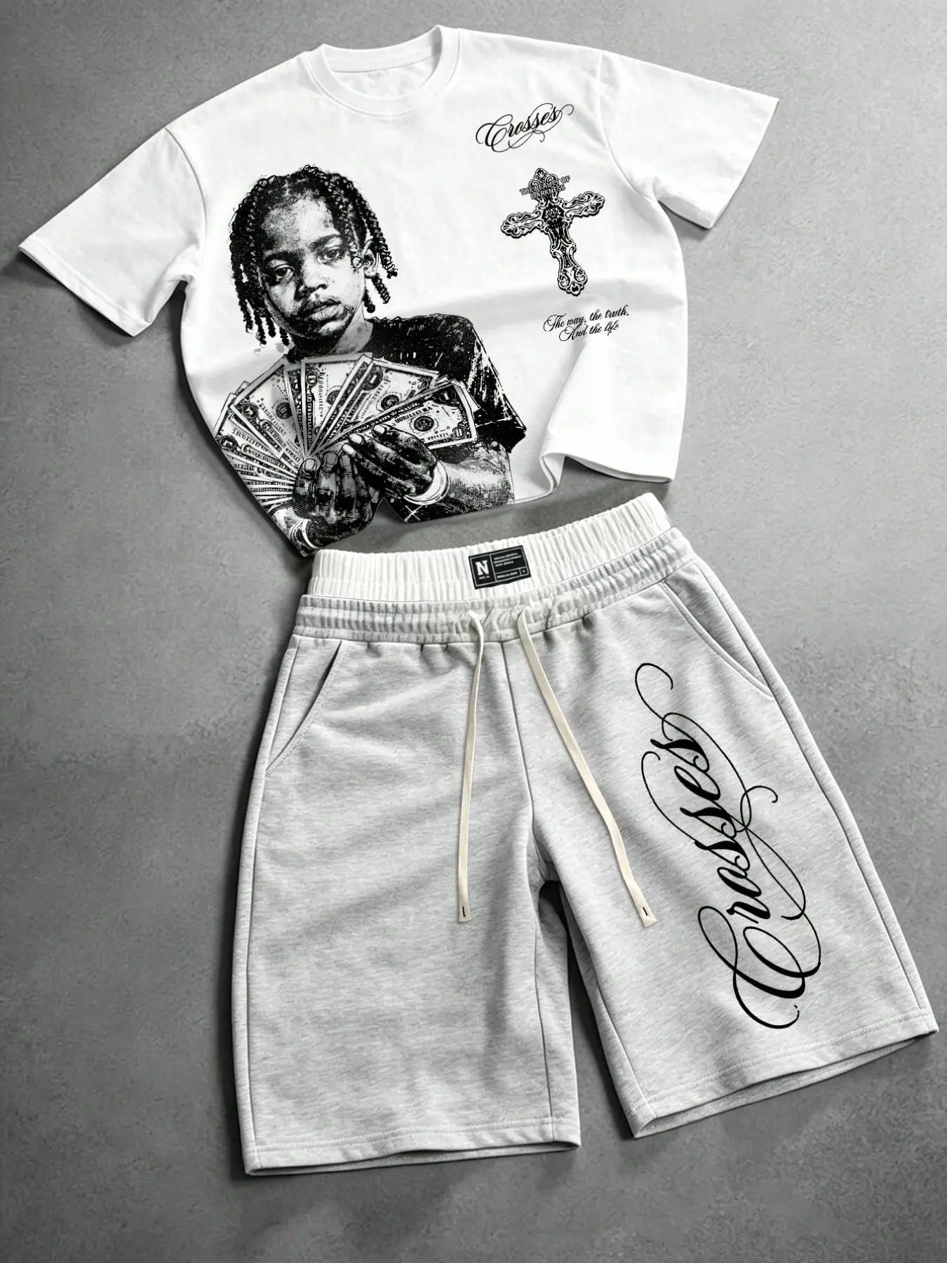 Breathable Comfort Men's T-Shirt Shorts Set, Child Portrait Cross Pattern, Drawstring Casual Shorts, Ideal for Teens, Summer