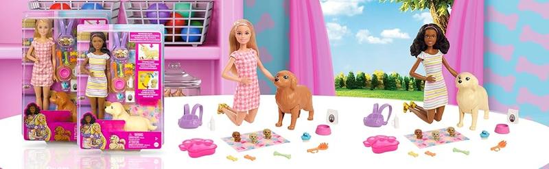 Barbie Doll & Pets Set, Blonde with Mommy Dog, 3 Newborn Puppies with Color-Change Feature & Pet Accessories