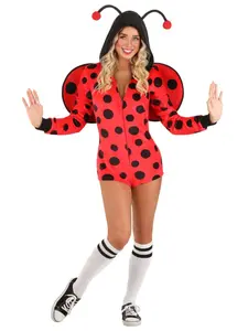 Red Ladybug Hooded Role Play Jumpsuit Adult Women Halloween Dress Up Themed Party Prop