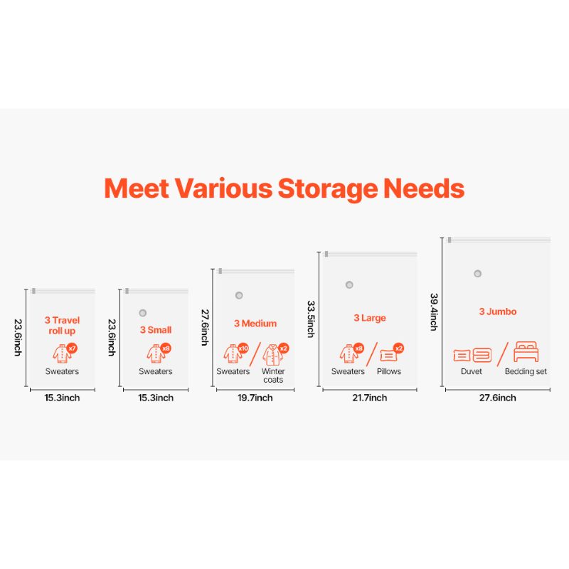 VEVOR Vacuum Storage Bags, 15 Pack Space Saver Seal Bag(3 Jumbo/3 Large/3 Medium/3 Small/3 Roll), Compression Airtight Zipper Space Bags with Electric Pump, for Cloth, Bedding, Blanket, Pillow, Travel