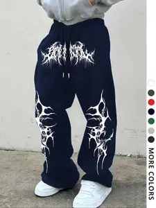 Men's Casual Sporty Long Pants, Fringe Thorn Pattern Print Sweatpants, Drawstring Wide Leg Leisure Pants, All Season Men's Clothing