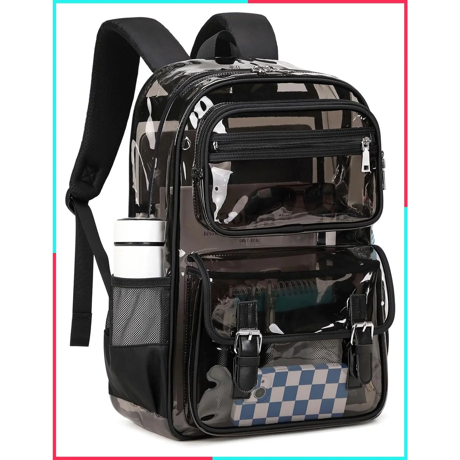Large Heavy Duty Transparent Clear Backpack, See-Through Bookbag for Boys and Girls, School College Work Travel Security, Semi Black