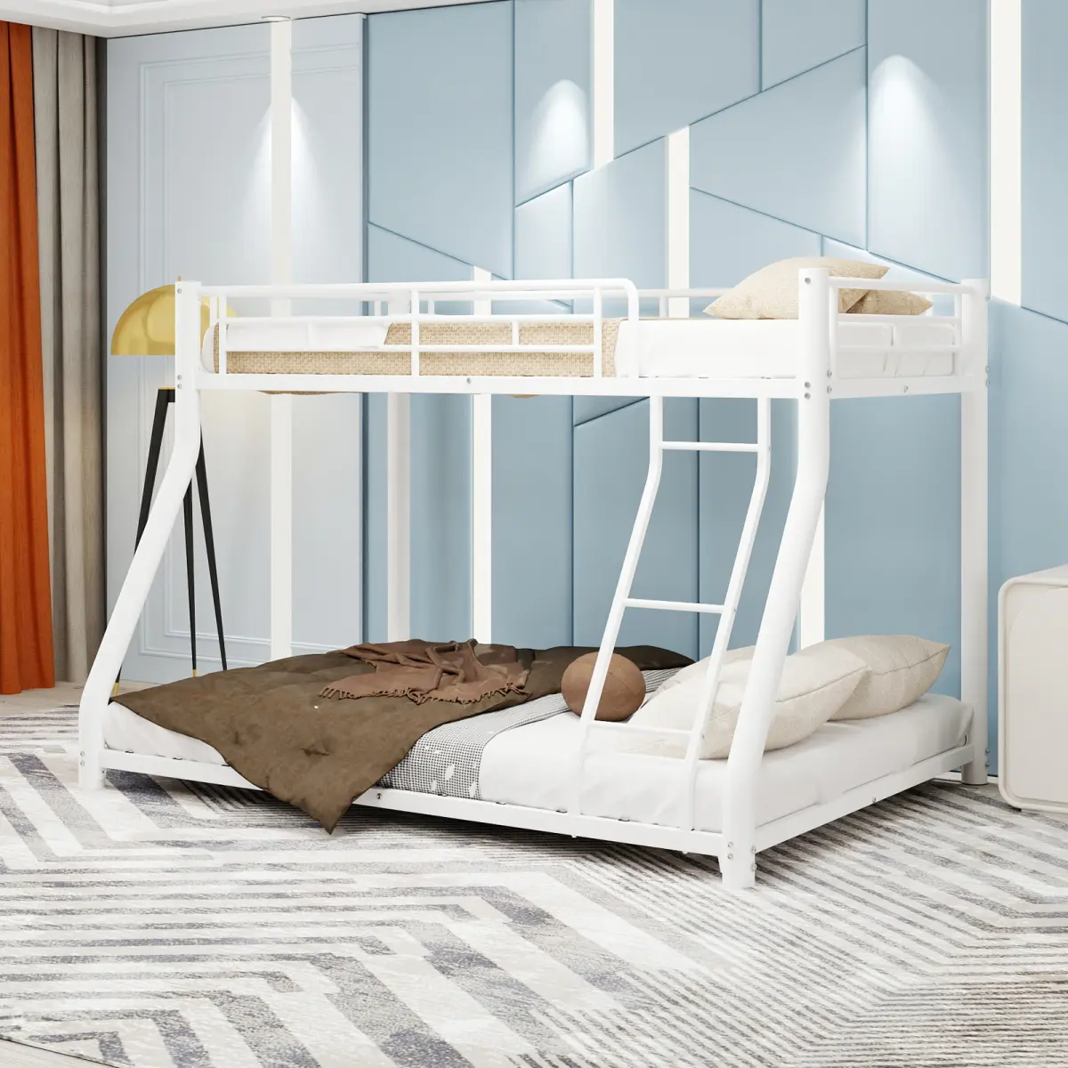 Fahuac Twin + Full Metal Bunk Bed - Vertical Stack, Modern Powder Coated White Frame, Secure Guardrails, Wood Accents, Space-Saving for Small Rooms, No Box Spring Needed, Easy Assembly Required