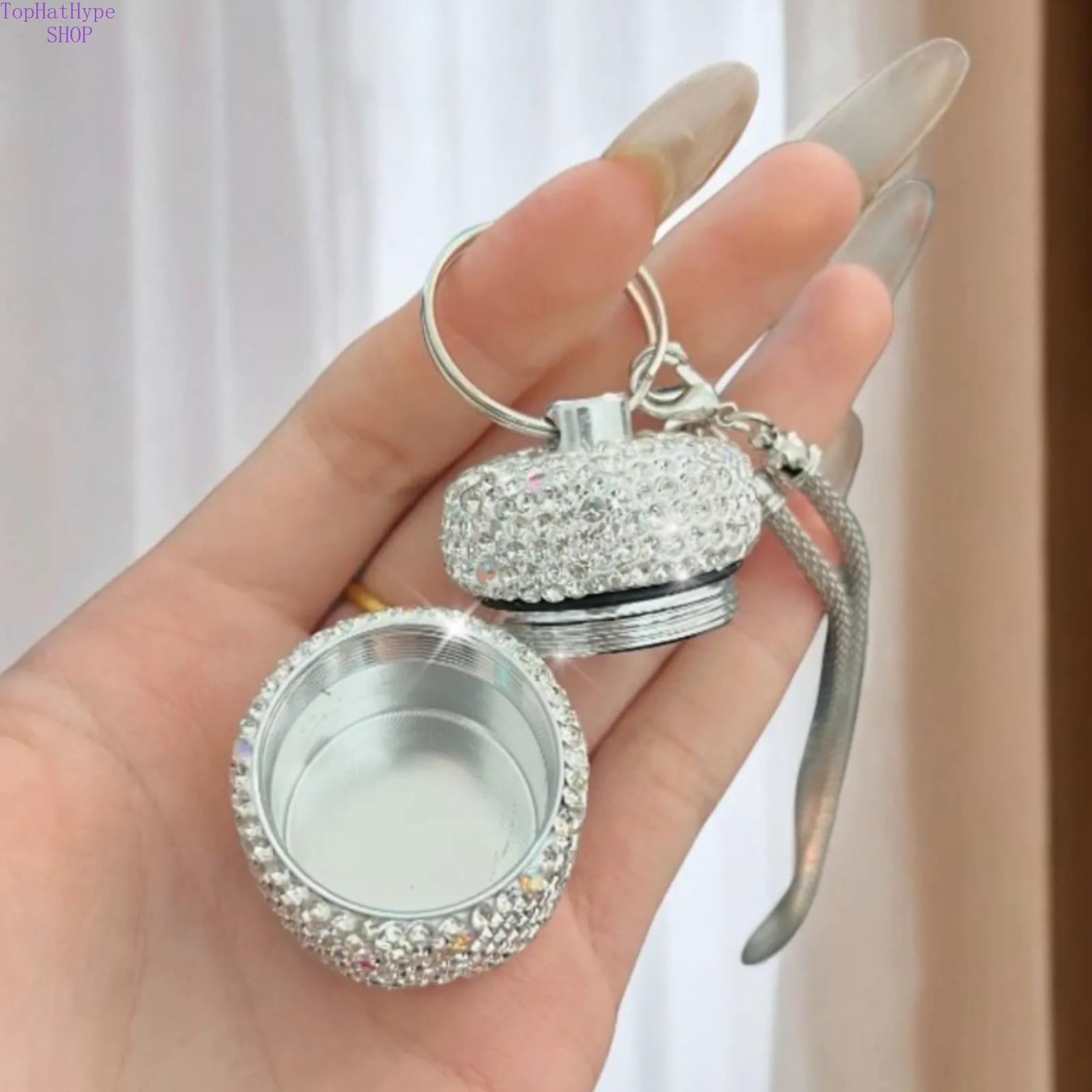 Bling Rhinestone 10ml Portable Pill Bottle, Mini Cute Aluminum Alloy Storage Container with Keychain, Sparkly Waterproof Travel Size Jar for Pills & Small Items
