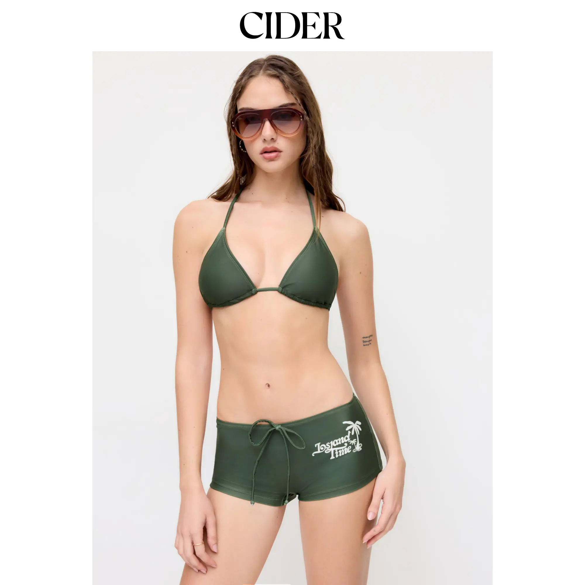 Cider Halter Neckline Tropical Palm Graphic Triangle Top & Low Rise Drawstring Shorts Bikini Set