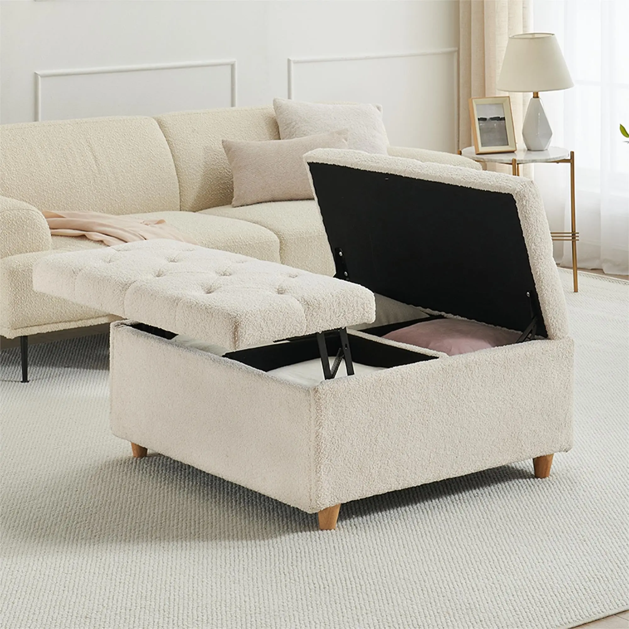 GARVEEStorage Ottoman Coffee Table with Lift Top, Available in Sherpa Fabric or Faux Leather Upholstery, Tufted Design, Large Square Storage Ottoman Bench Suitable for Bedroom and Living Room