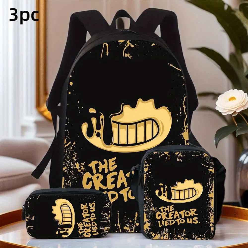 3-Piece Oxford Backpack Set, Lunch Bag Pencil Case, Bendy Distressed "The Creator Lied To Us" Game Print, Breathable Padded Straps For Students & Game Fans